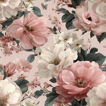 Soft romantic floral seamless pattern with large pink and white flowers and green leaves, creating delicate and elegant design with gentle butterfly accent