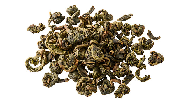 A pile of premium Gunpowder green tea (pearl tea), oolong tea, tightly rolled pellet-like dried leaves, isolated, no background, top view, high detail, clean cutout, PNG, transparent