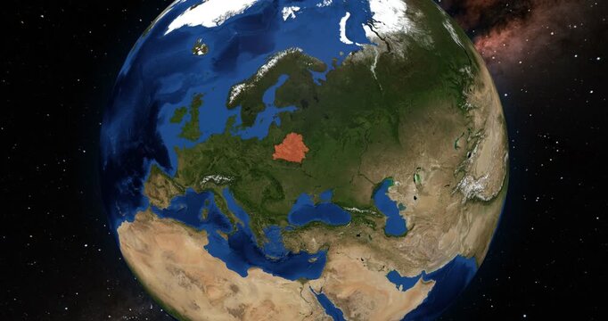 Belarus on the Globe. Zoom into the country with the Earth spinning in space. High detail physical world map with Belarus on it. Country view animation. Elements of this image furnished by NASA.