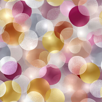 Soft shimmer confetti dust background with overlapping translucent circles in gold, pink, white, and purple hues creating festive and elegant atmosphere