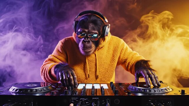Dj monkey with headphones and sunglasses