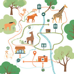 Naklejka premium Colorful Map of Animal Park with Paths and Symbols