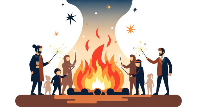 Friends and Family Bonding Around Fire, Night Celebration with Sparklers and Warm Atmosphere Flat Vector Illustration