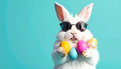 Fototapeta premium An easter bunny rabbit wearing sunglasses holding colourful easter eggs