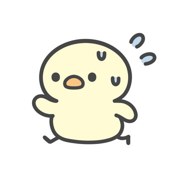遅刻しそうで焦って走るひよこの手書きイラスト