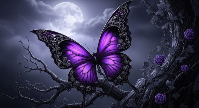 Purple Butterfly in Moonlight - A Fantasy Night Scene.