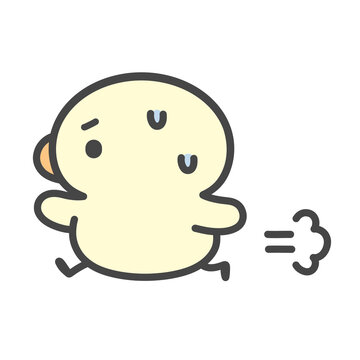汗をかいて急いで走るひよこの手書きイラスト　