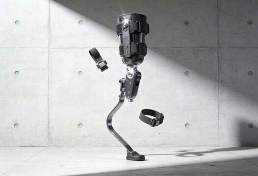 Innovative prosthetic leg highlighted against a minimalist concrete background reflecting technological advancement in biomechanics and fostering resilience in adaptive mobility