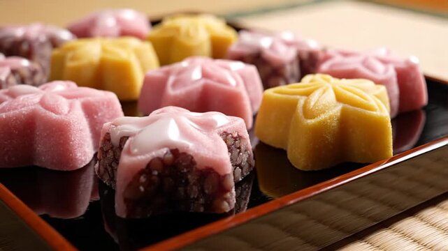 Assortment of colorful Japanese wagashi sweets, delicate flower shapes with bean paste filling, presented on a dark tray, ideal for food blogs and culinary presentations
