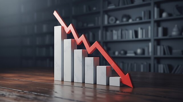 A three dimensional business bar chart showing a sharp red line graph falling downwards across a wooden table with bookshelves in the background