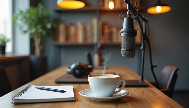 Podcast setup with microphone headphones and coffee ready for recording session. Notebook pen and hot drink on wooden desk. Audio production equipment for broadcasting.