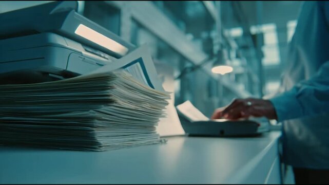 Stack of documents emerging from a modern office printer close-up view showcasing business paperwork and workflow in a contemporary workspace setting