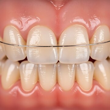 Close-up of human teeth with clear braces and metal archwire
