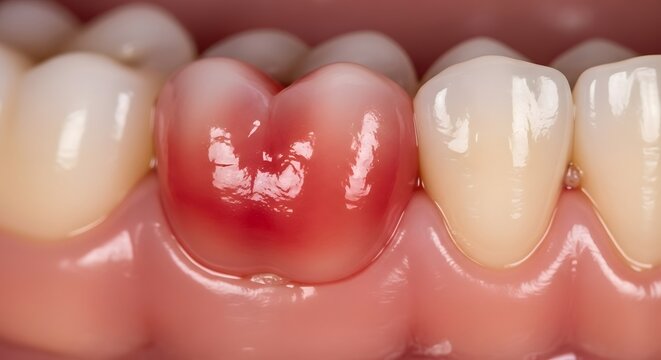 Close-up of inflamed and bleeding gum around a tooth