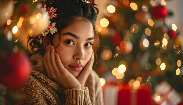 Close up portrait of a young woman with freckles and sparkling eyes resting her chin on her hands adorned with festive holiday hair clips in a warm