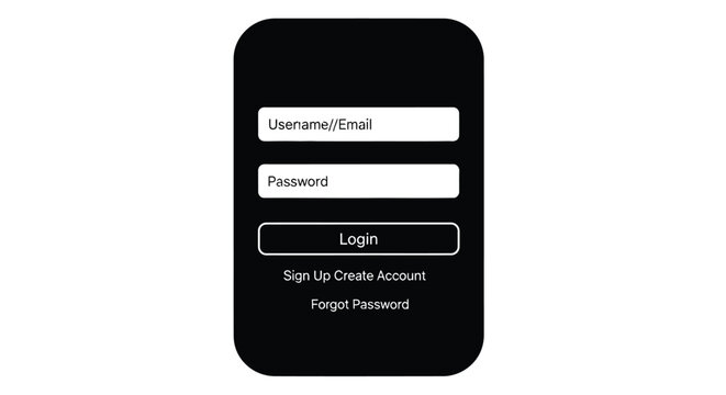 Smartphone displaying a black login screen with username password and login button