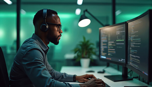 Black man wears headphones, types on keyboard, stares at dual monitors with code. Focused programmer works late in dimly lit office. Uses computer for tech job.