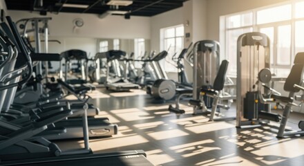 Fototapeta premium Modern Empty Gym Interior with Sunlight Streaming Through Windows and Various Exercise Equipment.