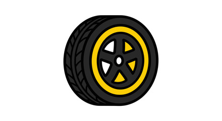 Obraz premium A detailed illustration of a black vehicle tire with a vibrant yellow wheel rim on white background
