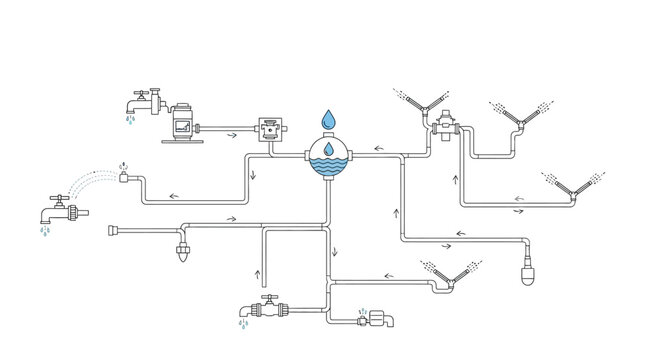 Diagram of an irrigation system with main valve backflow preventer and zone valves