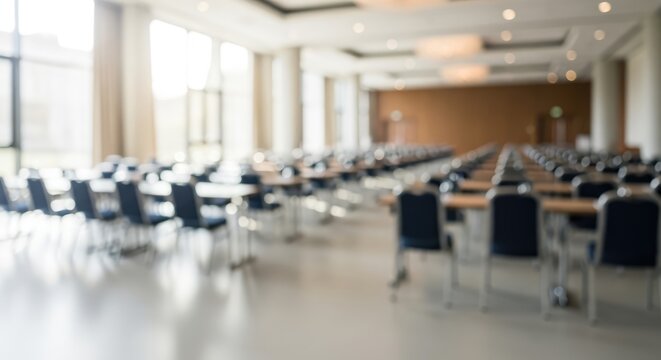 Blurred background of a modern empty conference room with tables and chairs.