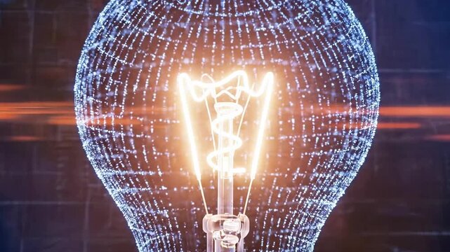 A glowing blue wireframe lightbulb against a dark background with subtle grid lines