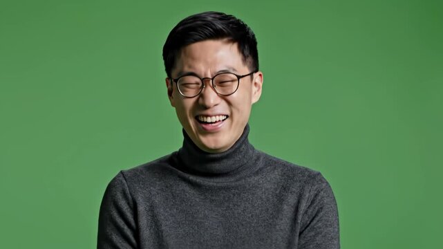 Smiling young man with glasses wearing dark turtleneck against green background