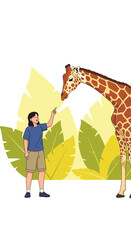 Fototapeta premium Curious Child Interacts With Gentle Giraffe Outdoors Amidst Foliage