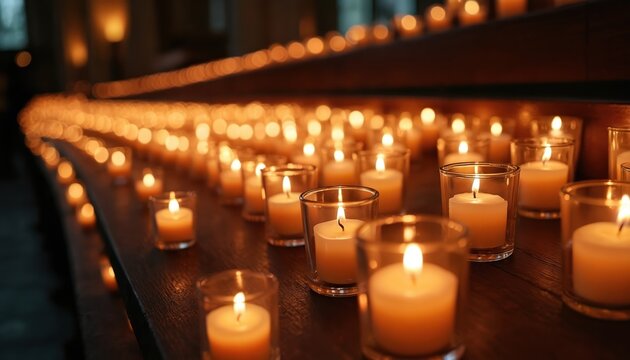 Many votive candles burn in glass holders on wooden church pews. Soft glow illuminates dark interior creating peaceful spiritual atmosphere. Lighted flames symbolize hope and remembrance.