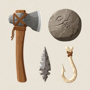 Primitive Tools - Axe, Stone, Arrowhead, and Fish Hook Illustration.