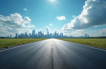 Fototapeta premium Empty asphalt road leads toward modern city skyline under bright blue sky with clouds. Green fields border the highway. Sun shines brightly on a clear day.