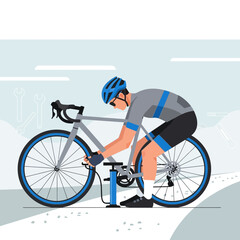 Naklejka premium Cyclist Inflating Tire With Pump On Outdoor Path