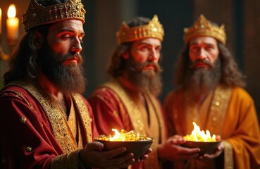 Fototapeta premium Three kings in ornate robes and crowns hold bowls with burning incense. Wise men offer gifts in nativity scene. Biblical figures journey with star.
