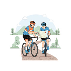 Fototapeta premium Cycling Adventure Two Friends Consulting Map Outdoors Scenic Landscape Expedition