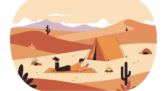Desert Camping Tranquility Man Reads Beside Tent And Campfire Under Vast Skies