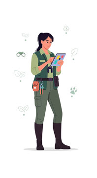 Dedicated Conservationist Analyzing Ecological Data On Digital Tablet Outdoors