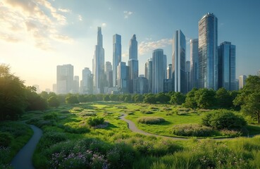 Obraz premium Modern city skyline with tall glass towers rises behind a vibrant green urban park. Winding paths cut through rich grass and blooming wildflowers, with trees bordering the manicured landscape.