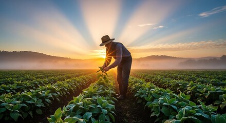 Fototapeta premium Farmer Working In The Field At Sunrise 