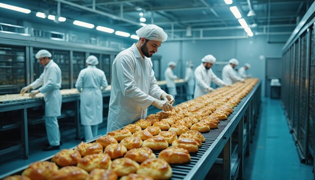 Workers in uniform on food production line. Men place baked goods on conveyor belt. Large scale bakery process with pastries on assembly line. Industrial baking.