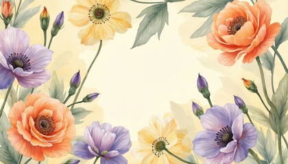 Fototapeta premium Watercolor illustration with anemones irises and roses in pastel colors. Gentle floral pattern with leaves and buds for art and design projects.
