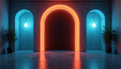 Fototapeta premium Futuristic concrete room with arched doorways illuminated by neon orange and blue lights. Plants in pots add contrast to the minimalist, geometric design. Modern interior architectural concept.