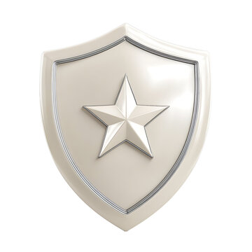 Frontfacing orthographic glossy shield badge with soft beveled rim and inset border subtle diagonal sheen and inner glow central emboss clean fivepoint star Singleobjec