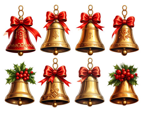 a set of christmas bells isolated on a transparent background, generative ai