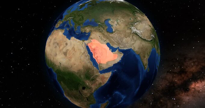 Saudi Arabia on the Globe. Zoom into the country with the Earth spinning in space. High detail physical world map with Saudi Arabia on it. Elements of this animation furnished by NASA.
