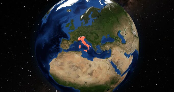 Italy on the Globe. Zoom into the country with the Earth spinning in space. High detail physical world map with Italy on it. Country view animation. Elements of this image furnished by NASA.