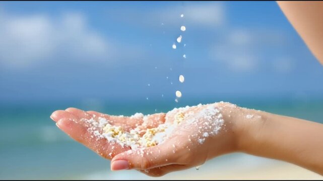 Woman s hands gently releasing sparkling sand against a blurred tropical beach backdrop evoking feelings of relaxation vacation and natural beauty for travel or wellness themes