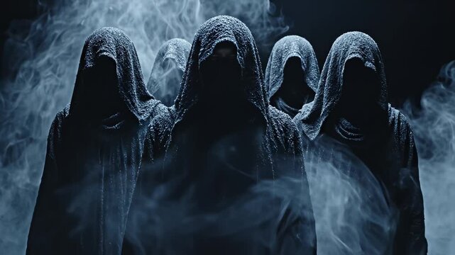 Cloaked figures in smoky atmosphere
