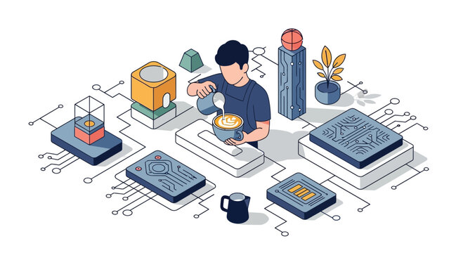 Man brew cup cafe art pour milk in tech shop work fast web app ui