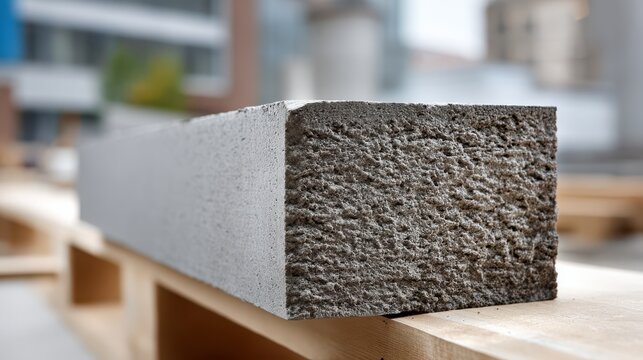 A close-up image of a rough, rectangular concrete block resting on a wooden pallet outdoors with a blurred urban background.