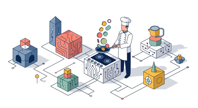 A chef cook food on a tech oven web link data info icon art vector